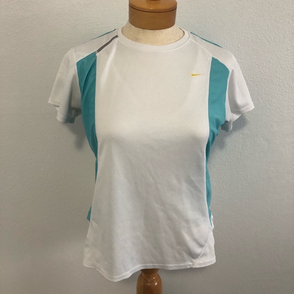 Nike FitDry White and Light Blue short sleeve shirt. Med